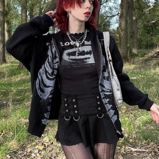 Women's Dark Aesthetic Hoodies Gothic Punk Skull Print Sweatshirt Long Sleeves Casual Hooded Coat y2k Fairycore Grunge Clothes - www.Shopthatapp.com