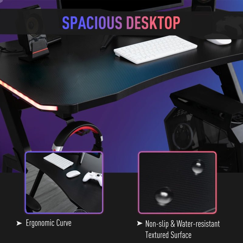 Racing Style LED Gaming Desk Office Desk Computer Table RGB Carbon Fibre Surface Headphone Hook Cup Holder Controller Rack Black - www.Shopthatapp.com