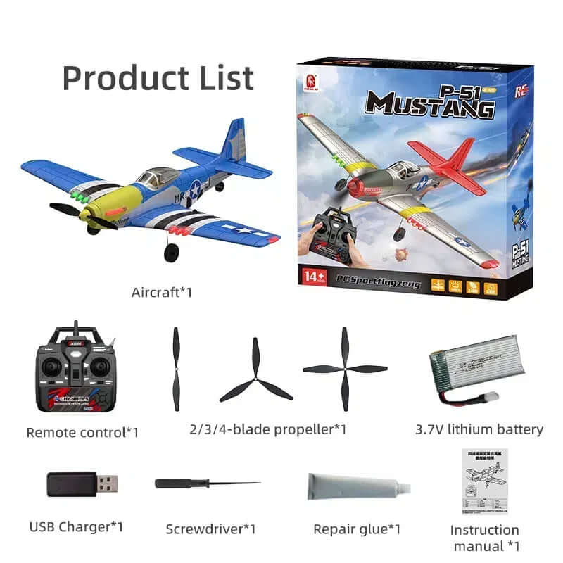 Xiaobaima BM26 P51D Warbird 4CH RC Airplane with Gyro & LED Lights - Red/Blue