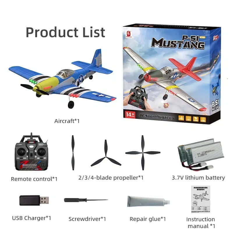 Xiaobaima BM26 P51D Warbird 4CH RC Airplane with Gyro & LED Lights - Red/Blue