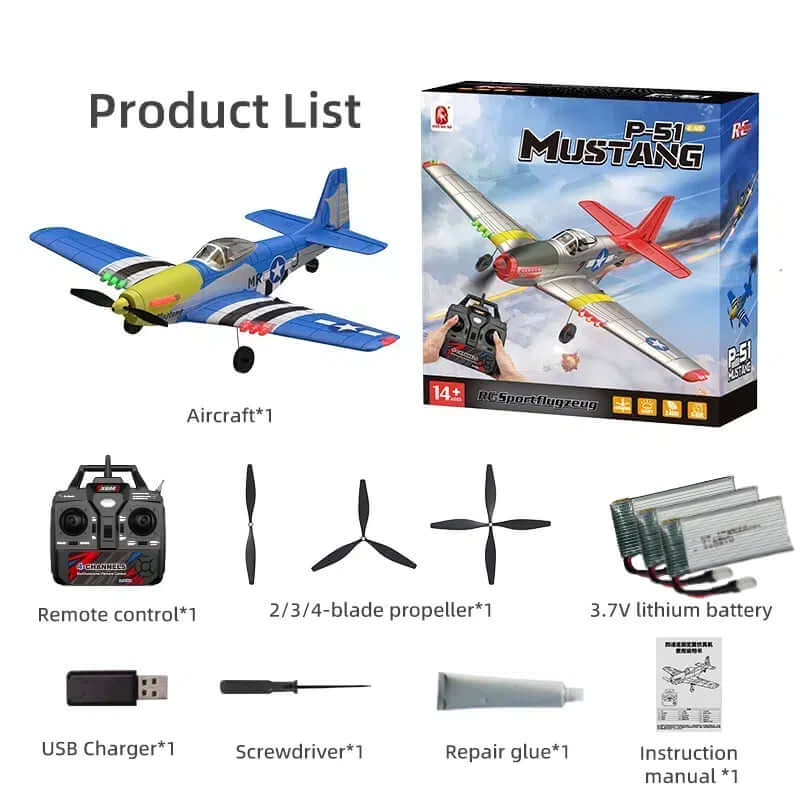 Xiaobaima BM26 P51D Warbird 4CH RC Airplane with Gyro & LED Lights - Red/Blue