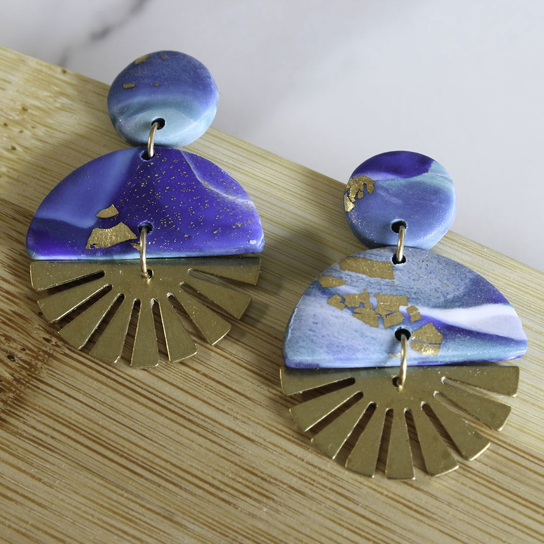 SOL Earrings. Blue Lagoon Polymer Clay Earrings with brass Sun Rays - Www.Shopthatapp.com