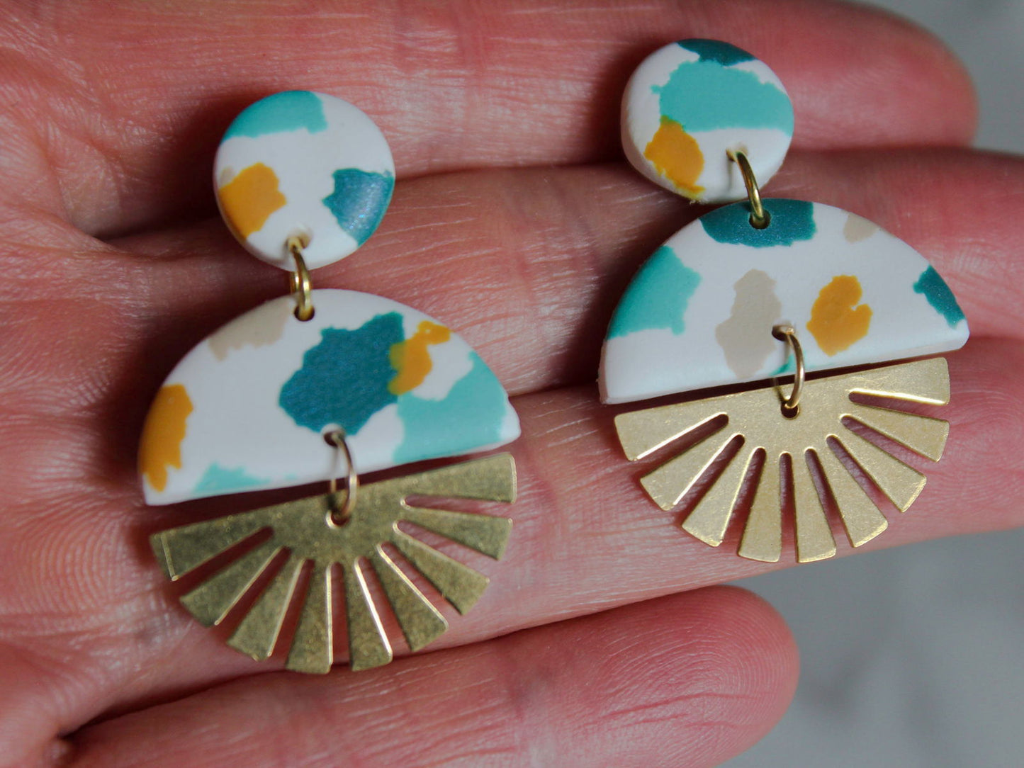 SOL Earrings. White Polymer Clay Terrazzo earrings with brass Sun Rays - Www.Shopthatapp.com