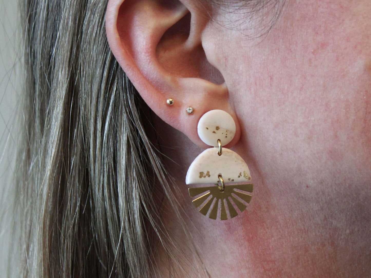 SOL Earrings. White Polymer Clay Terrazzo earrings with brass Sun Rays-Jewellery-www.Shopthatapp.com-Alma Rosa Jewelry