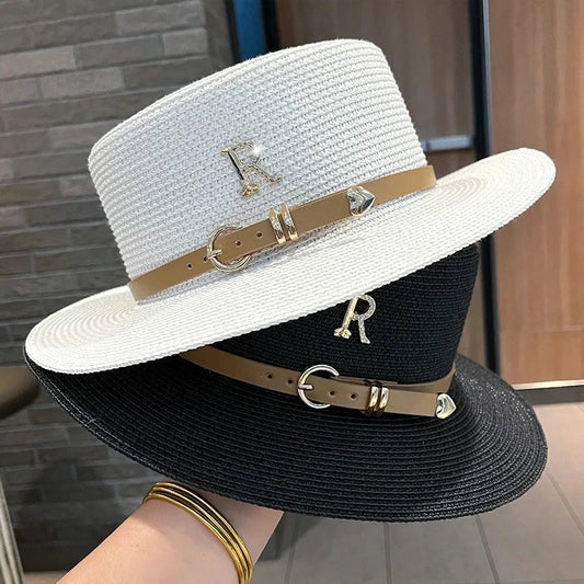 Summer Sun Hat Flat Top Straw Hats for Women New Metal R Letter Fashionable Beach Sun Hat Females Travel Holidays Boater Hat - www.Shopthatapp.com