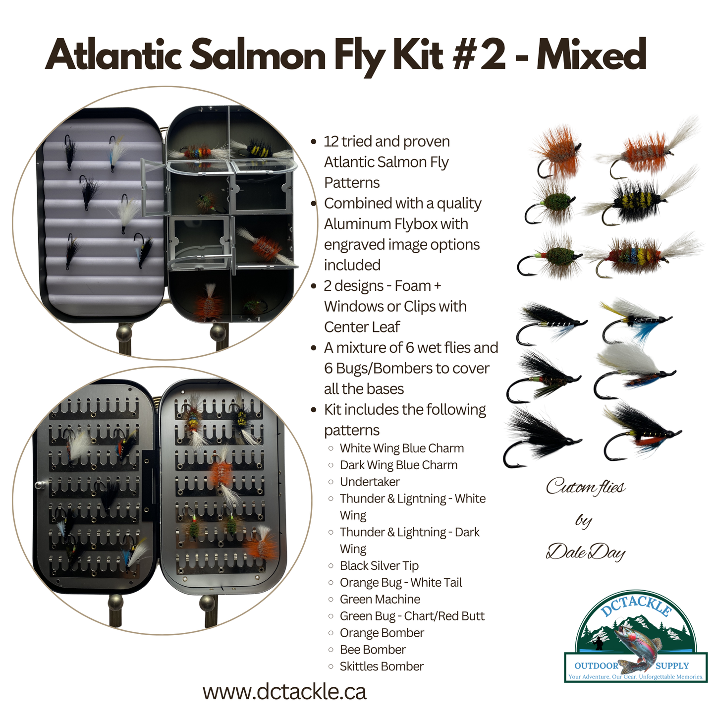 Fly Fishing Kit, Atlantic Salmon Flies, Mixed Selection, with Aluminum Flybox + Engraved Image - www.Shopthatapp.com