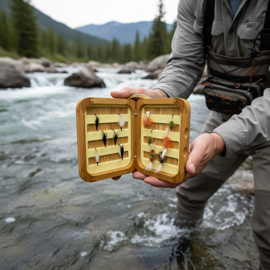 Fly Fishing Kit, Atlantic Salmon Flies, Mixed Wet Flies and Bugs & Bombers, with Bamboo Flybox - www.Shopthatapp.com