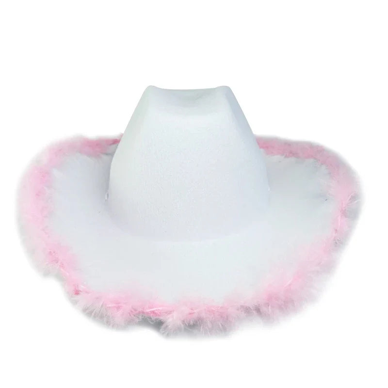 Fashion Pink Cowgirl Hat Feather Brim Cowboy Hat Western Cowboy Hat for Bachelorette Party Carnival Cosplay - www.Shopthatapp.com