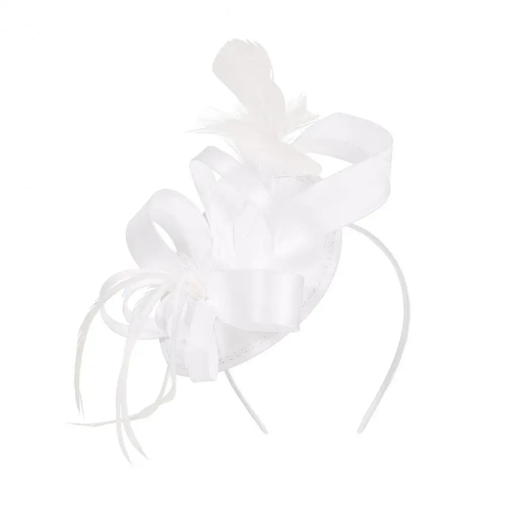 New in Hair Hoop Fascinator Hat with Hair Clip Elastic Band Faux Feather Ribbon Decor Satin Fabric Women Headband Accessories - www.Shopthatapp.com