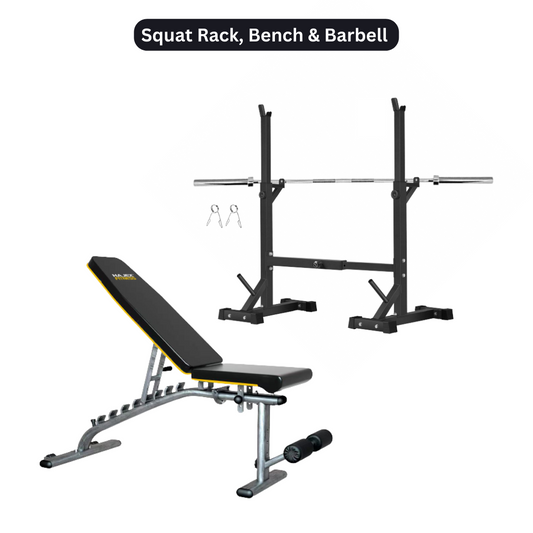 Squat Rack, Bench, Barbell & Weight Plates Stack - www.Shopthatapp.com #