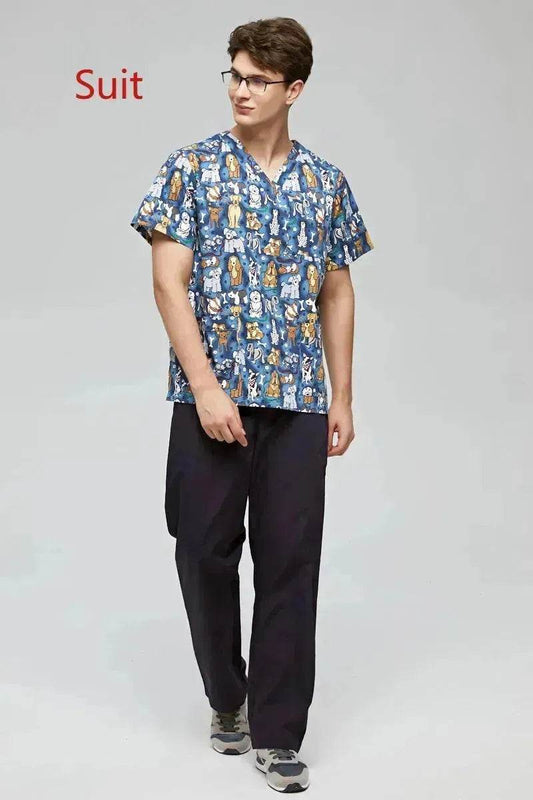 Surgical Gown Printed V-neck Pet Doctor Beauty Hospital Work Clothes Flower Dog Blue - www.Shopthatapp.com #