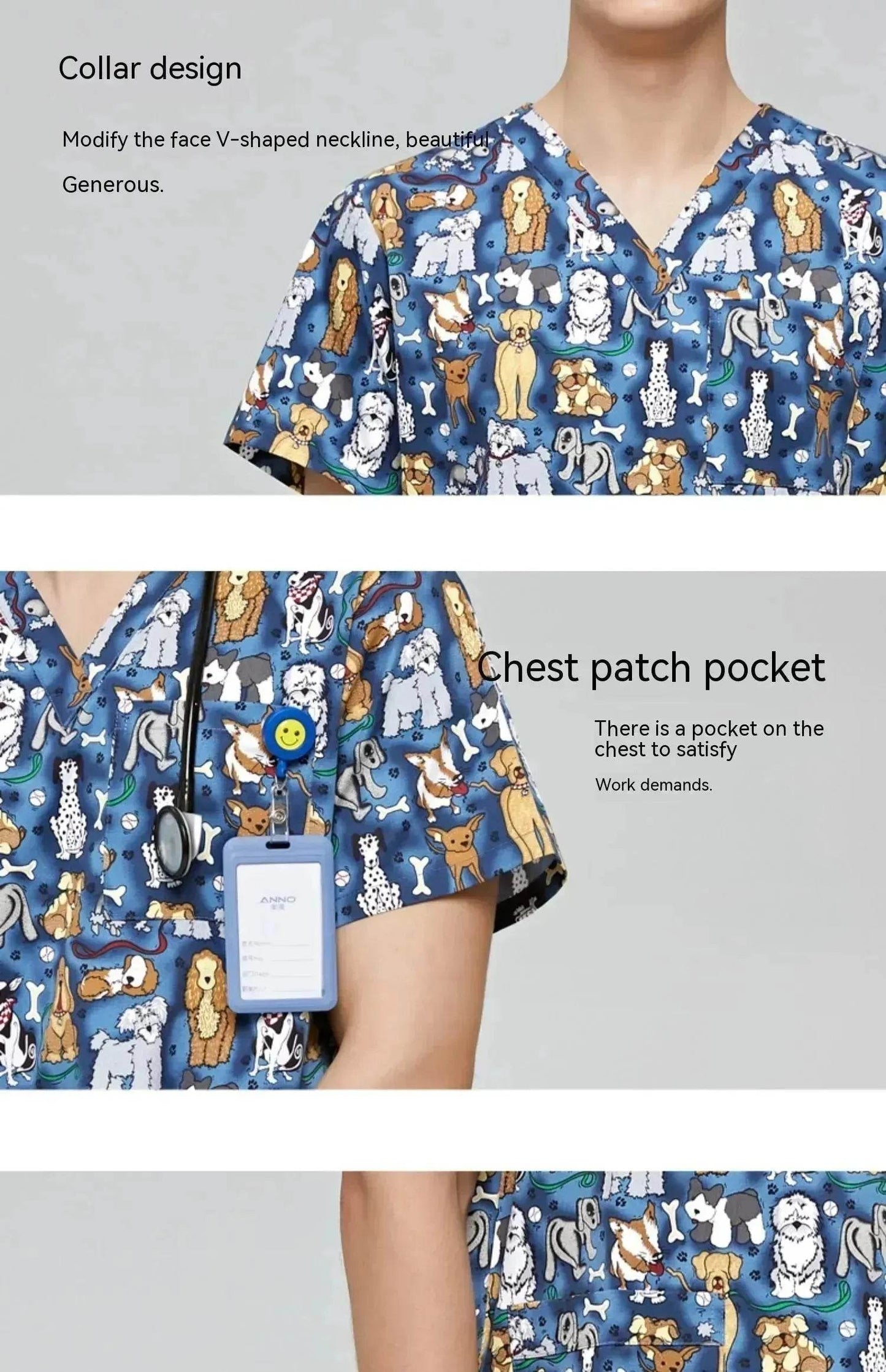 Surgical Gown Printed V-neck Pet Doctor Beauty Hospital Work Clothes Flower Dog Blue - www.Shopthatapp.com #