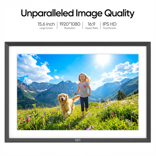 TUTT 15.6” Digital Photo Frame | WiFi Touch Screen Internal 32 GB | Frameo App | Tabletop or Wall-Mounted | 128GB Micro SD + Reader (Optional) - www.Shopthatapp.com