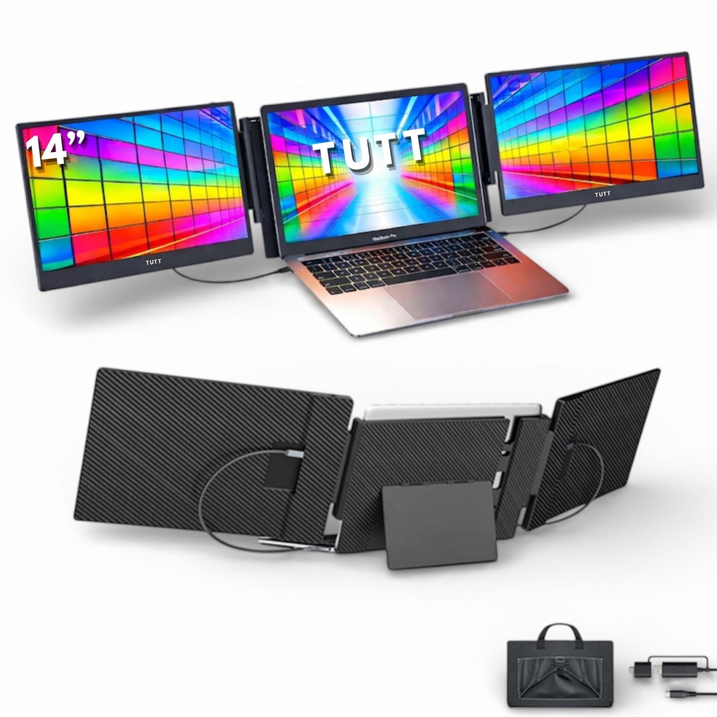 TUTT 14” FHD Portable Monitor – S3 Triple Screen Extender, IPS, Built-in Stand & Speakers | All Devices Compatible with Converter Cable (H5 Included) - www.Shopthatapp.com