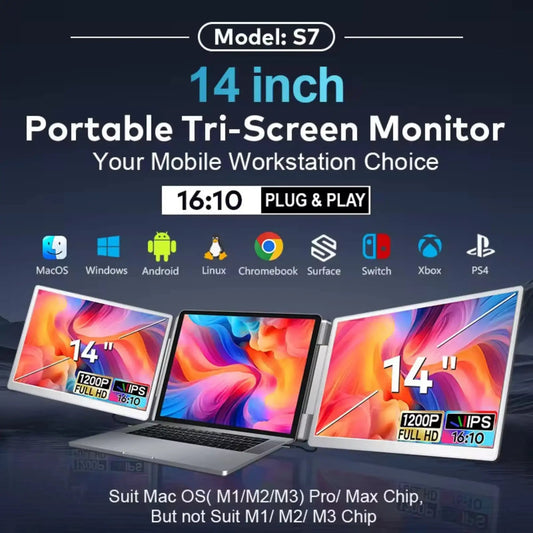 TUTT 14” Dual Portable Monitor | 16:10 Ratio FHD IPS Triple Screen Extender | Rotating Right Screen | Stand Alone | H5 Converter Cable | Windows, Mac OS S7