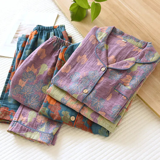 Thin Cotton Gauze Yarn-dyed Jacquard Pajamas Suit For Women - www.Shopthatapp.com #