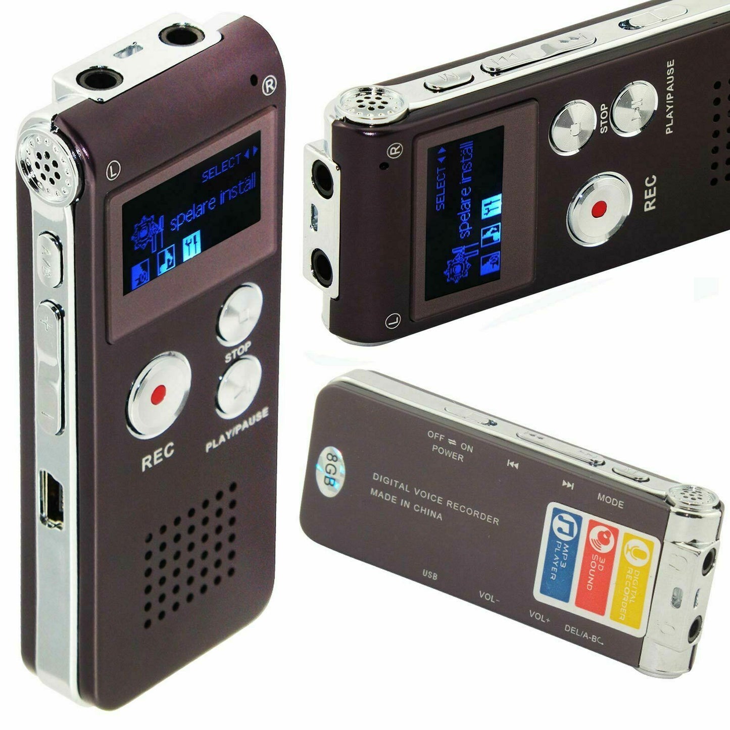 Wiederaufladbarer digitaler Audio-/Sound-/Sprachrekorder, Diktiergerät, MP3-Player, 8 GB