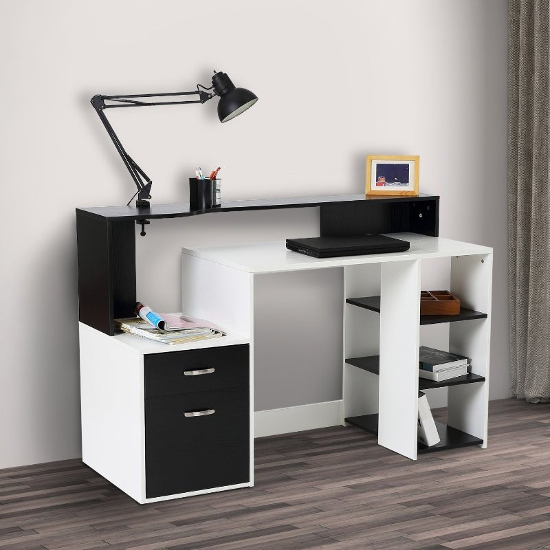 Modern Computer Desk with Drawers and Storage Shelves, Study Workstation, Writing Desk with Printer Stand for Home Office, Black and White - www.Shopthatapp.com