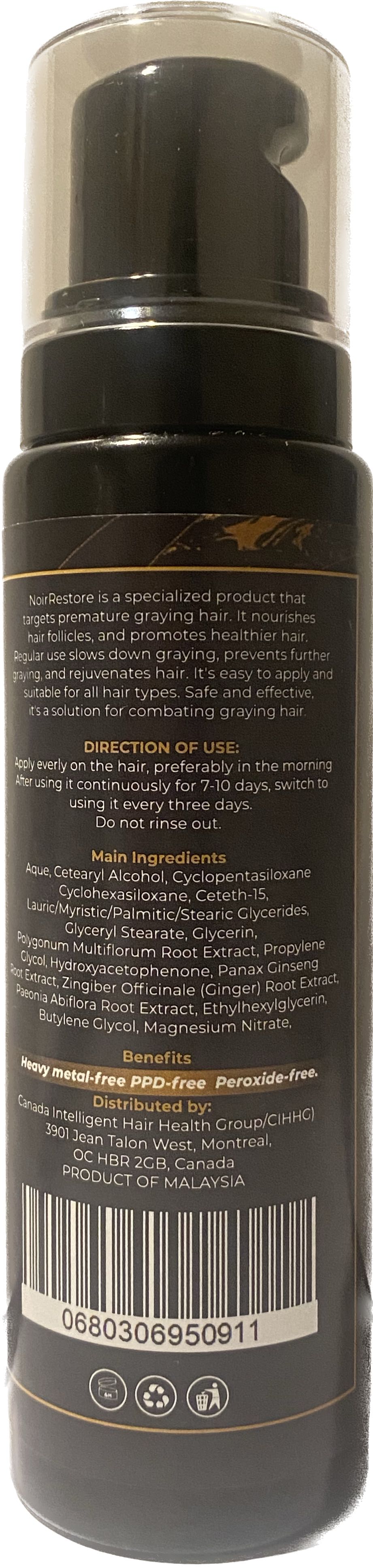 Solution pour cheveux gris NoirRestore : transformez vos cheveux gris en cheveux noirs en seulement 7 jours ! 120 ml