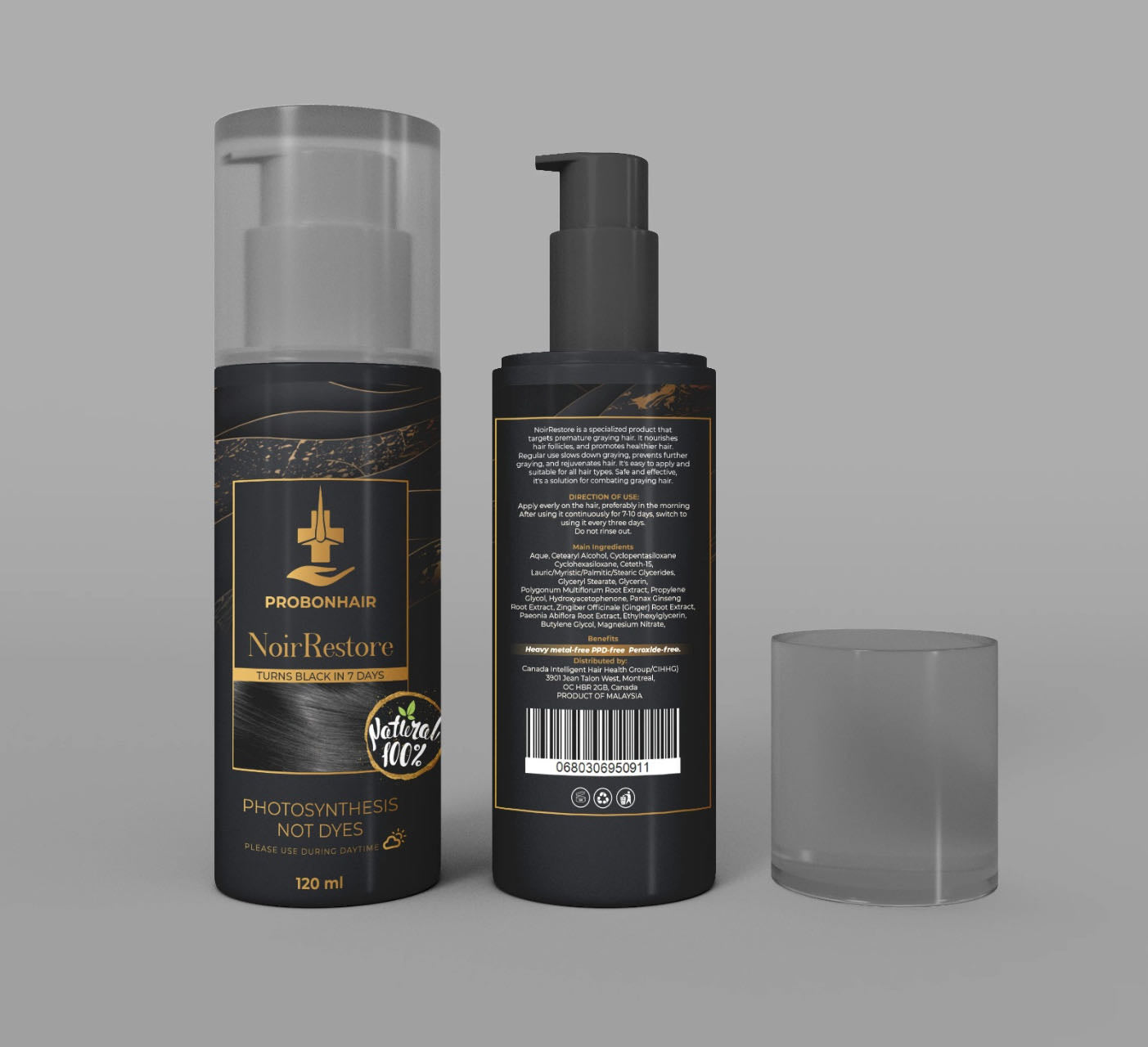 Solution pour cheveux gris NoirRestore : transformez vos cheveux gris en cheveux noirs en seulement 7 jours ! 120 ml