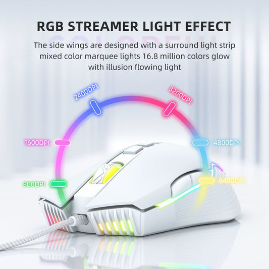 Adjustable 6400 DPI Wired LED Gaming Mouse with Breathing LED Colors White - www.Shopthatapp.com