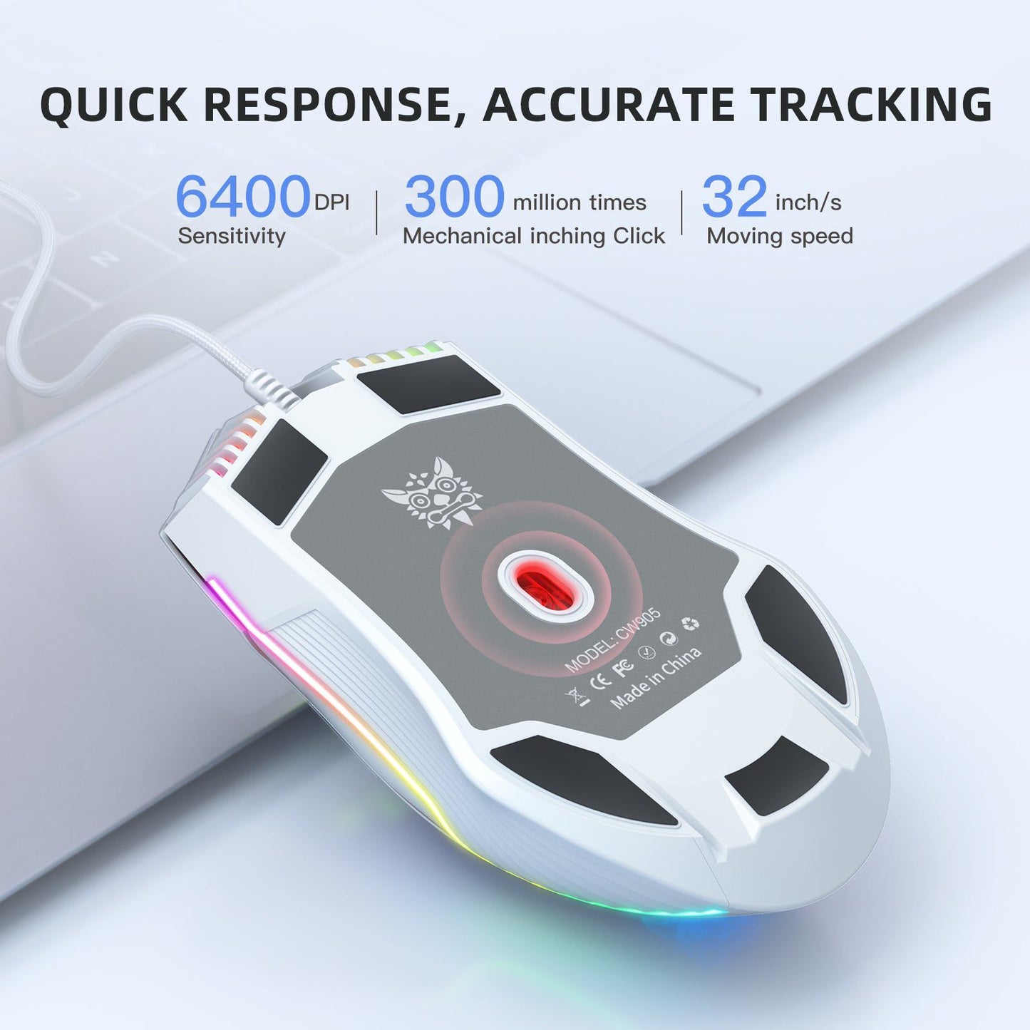 Adjustable 6400 DPI Wired LED Gaming Mouse with Breathing LED Colors White - www.Shopthatapp.com