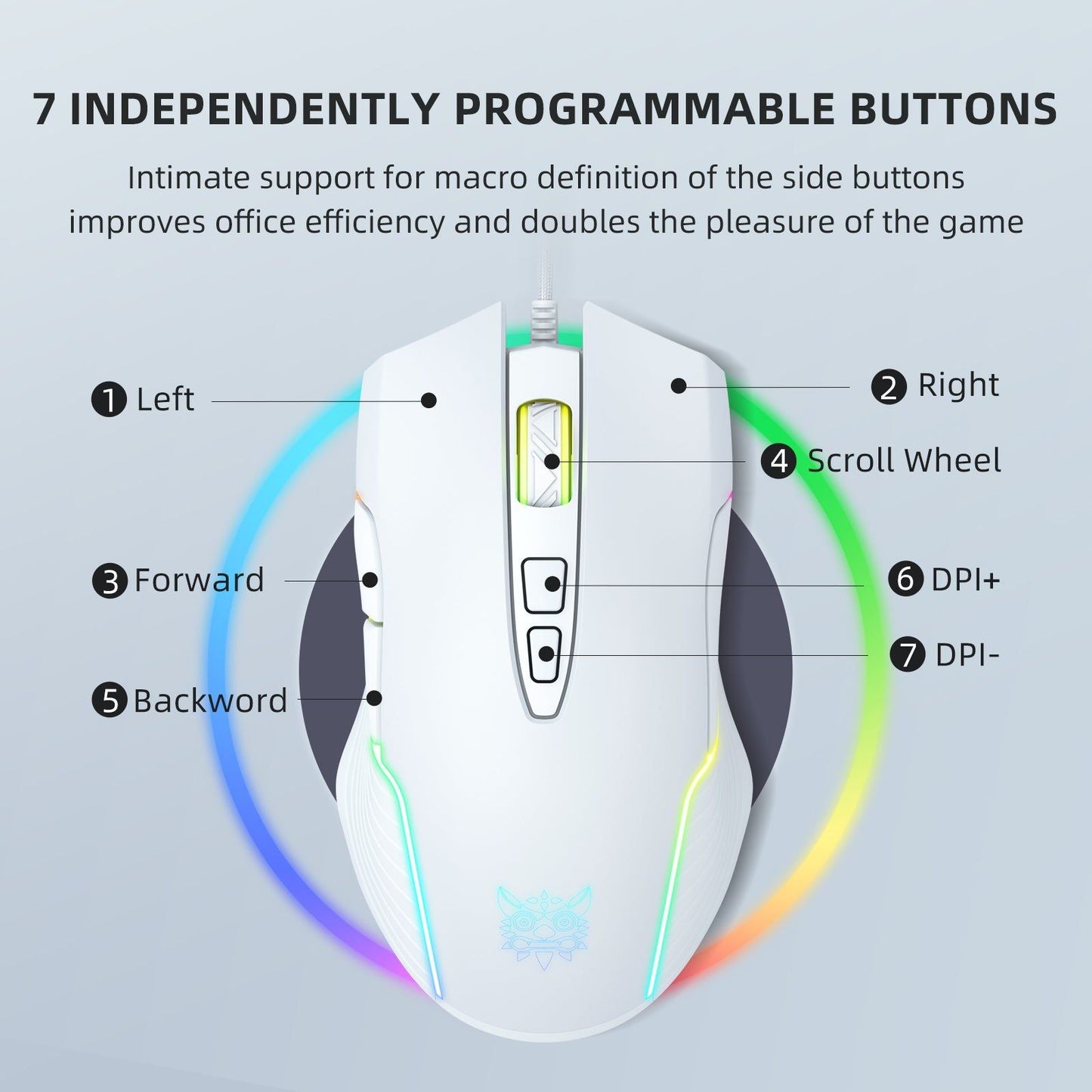 Souris de jeu filaire LED réglable 6400 DPI avec LED respirantes Couleurs Blanc
