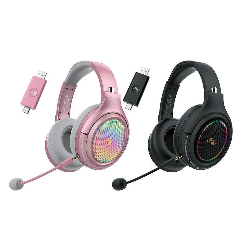 Casque sans fil Bluetooth à faible latence, casque de jeu LED RGB, microphone rose/noir