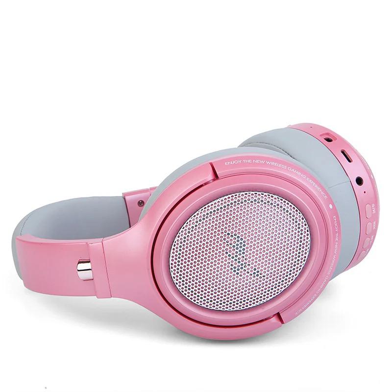 Casque sans fil Bluetooth à faible latence, casque de jeu LED RGB, microphone rose/noir