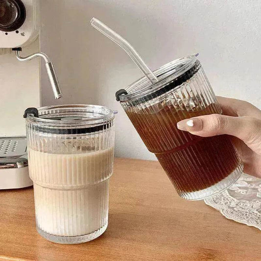 Wind Stripe Coffee Mug With Straw With Lid Glass Handy Mug - www.Shopthatapp.com