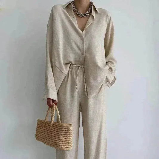 Women's 2 Piece Outfits Set Linen Button down shirt Blouse and straight Leg Pants Set - www.Shopthatapp.com