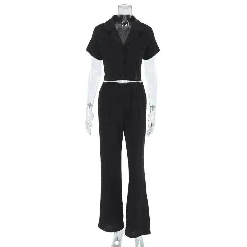 Women's Fashionable Simple Solid Color Short-sleeved Trousers Pajamas Two-piece Set - www.Shopthatapp.com