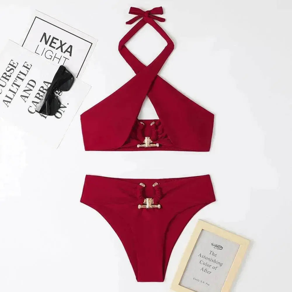 Women's High-Waist Briefs Swimsuit with Fashionable Split and Cross-Halterneck - www.Shopthatapp.com