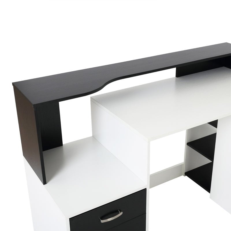 Modern Computer Desk with Drawers and Storage Shelves, Study Workstation, Writing Desk with Printer Stand for Home Office, Black and White - www.Shopthatapp.com