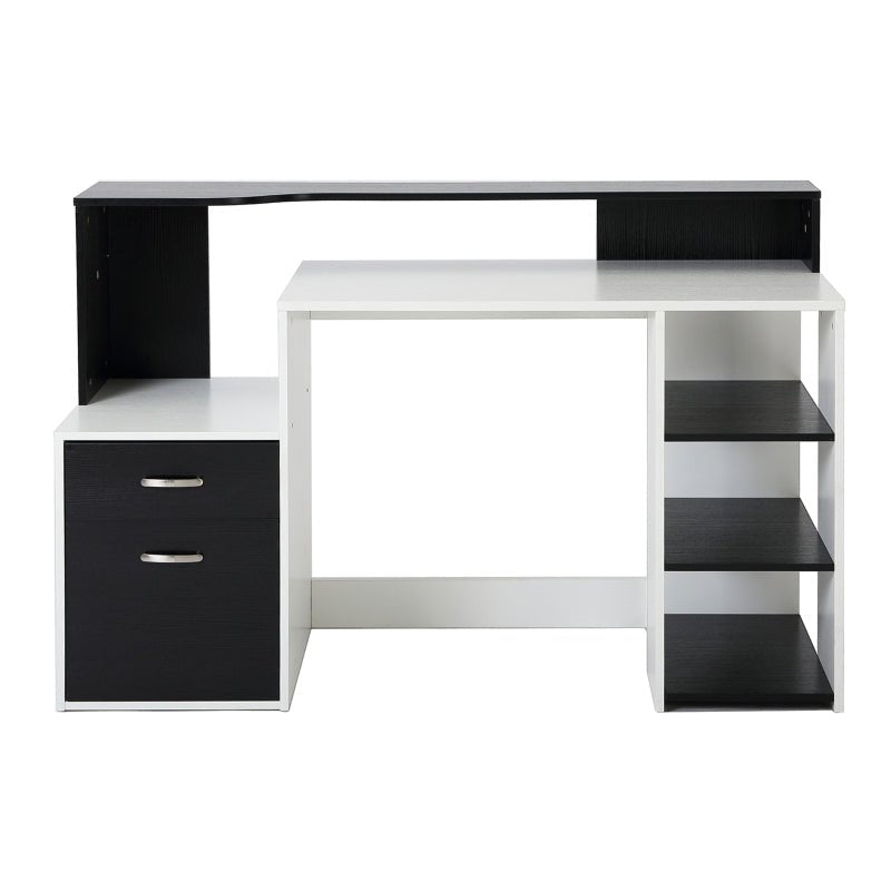 Modern Computer Desk with Drawers and Storage Shelves, Study Workstation, Writing Desk with Printer Stand for Home Office, Black and White - www.Shopthatapp.com
