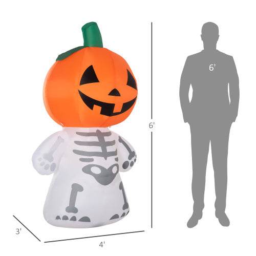 6ft Halloween Inflatables Outdoor Decorations, Smiling Skeleton Ghost With Pumpkin Head, Blow Up LED Yard Decor For Garden, Lawn, Party, Holiday, Waterproof - www.Shopthatapp.com