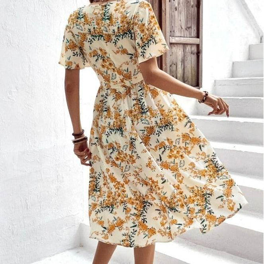 Women Bohemian Spring Short sleeve Casual flowy V-neck Tie belt Floral Summer Midi Dress - www.Shopthatapp.com