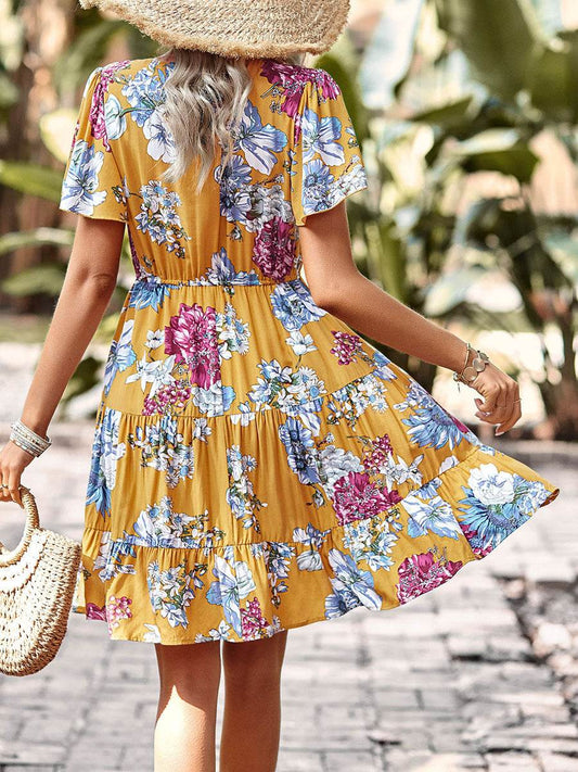 Women Casual floral summer dress Printed V-neck short sleeve Mini Dress - www.Shopthatapp.com