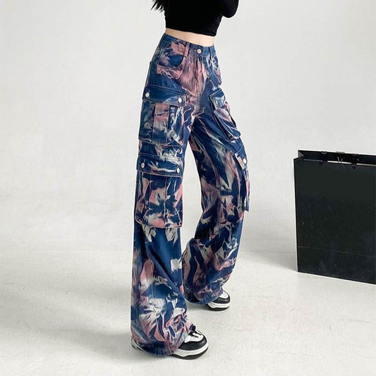 New Tie-dye Baggy CargoTrousers With Pockets Y2K Fashion High Waist Loose Wide Leg Pants Spring And Autumn - www.Shopthatapp.com