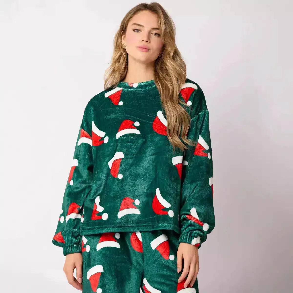 Women's Christmas Hat Pajamas Long Sleeve Trousers Suit - www.Shopthatapp.com