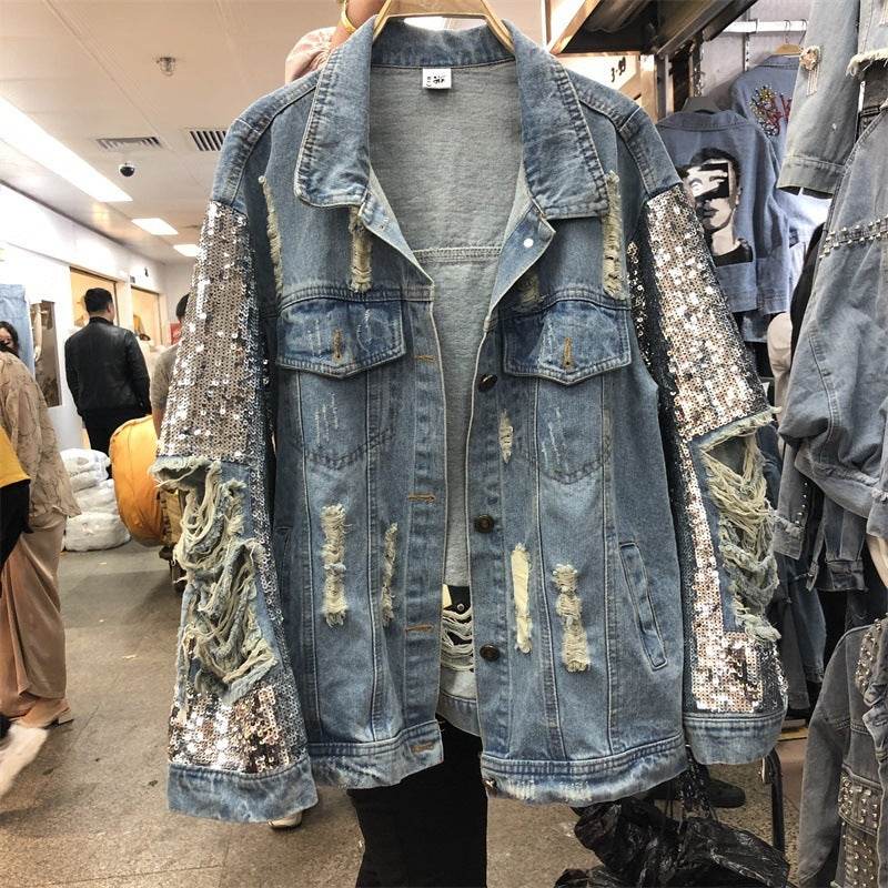 Street Fashion Heavy Industry lose Ripped Sequined Sleeve Denim Jacket Women - www.Shopthatapp.com