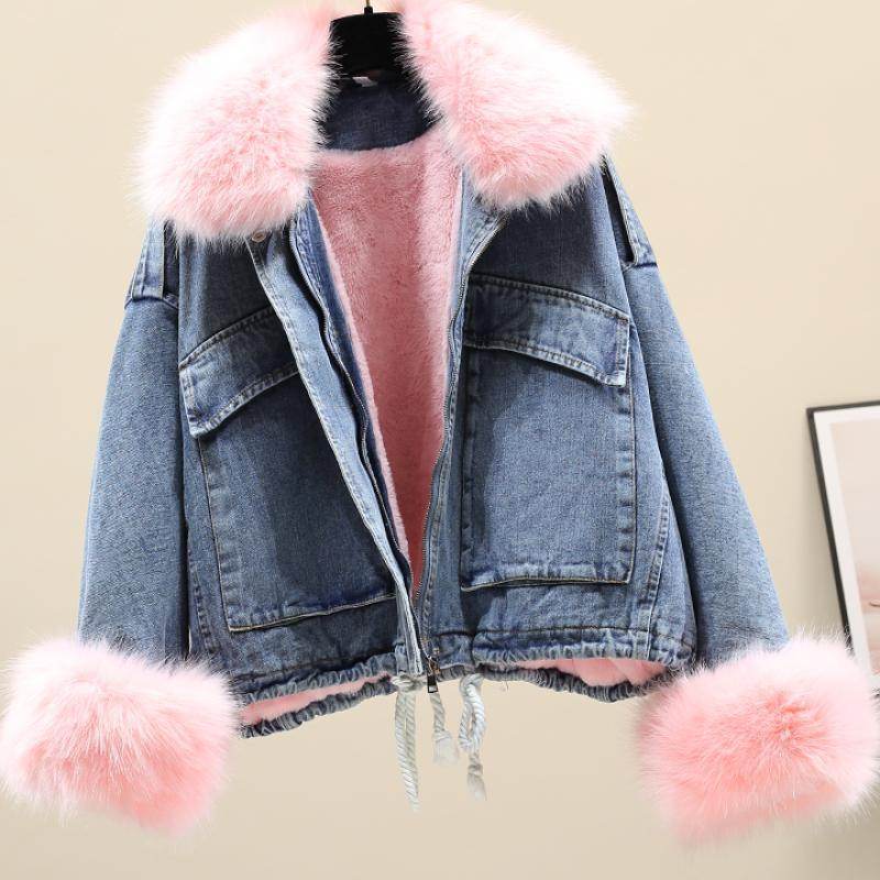 Furry Collar Denim Pie Overcoming Loose Plus Fleece Jacket Women