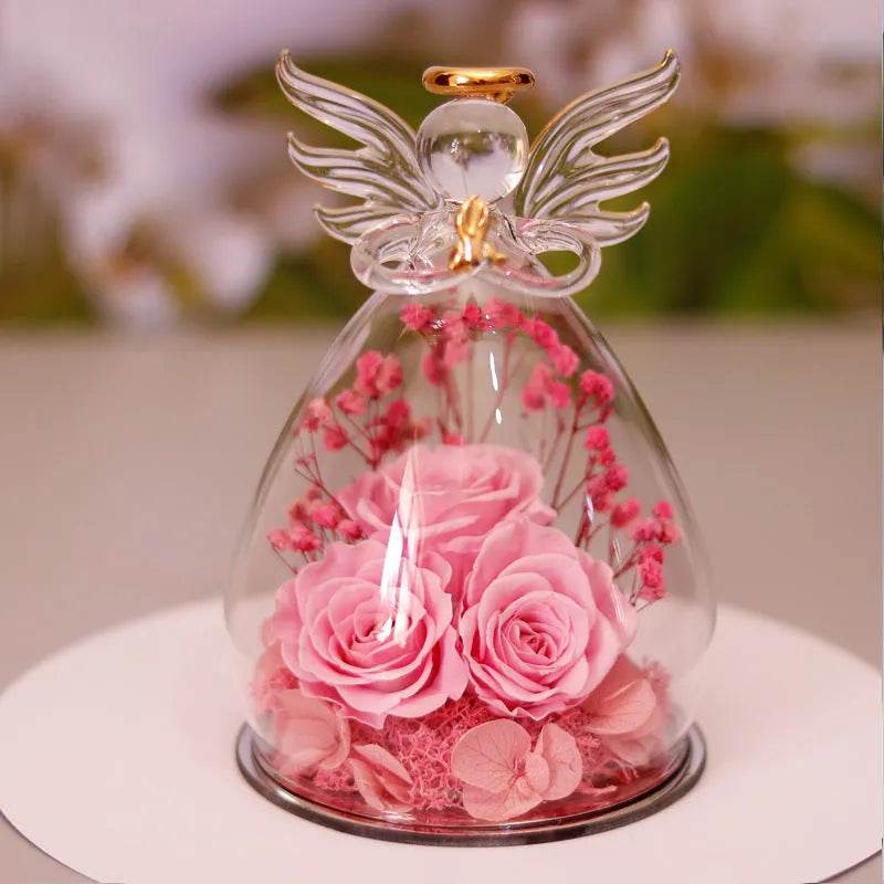 Eternal Flower Gift Box Angel Glass Cover Dried Rose Gift Box For Christmas New Year Valentine's Day Home Decor - www.Shopthatapp.com