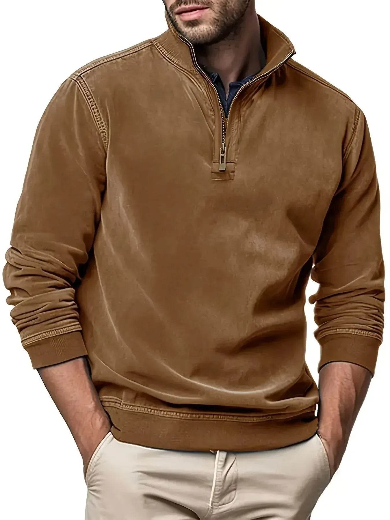 Men Faux Leather Sweatshirts Solid Color Stand Collar Zipper Long Sleeve Tops Fall Winter Casual Pullovers - www.Shopthatapp.com