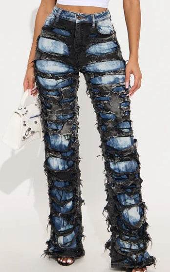 Teagan Two Tone Shredded Ripped Straight Leg Jeans Pant for women