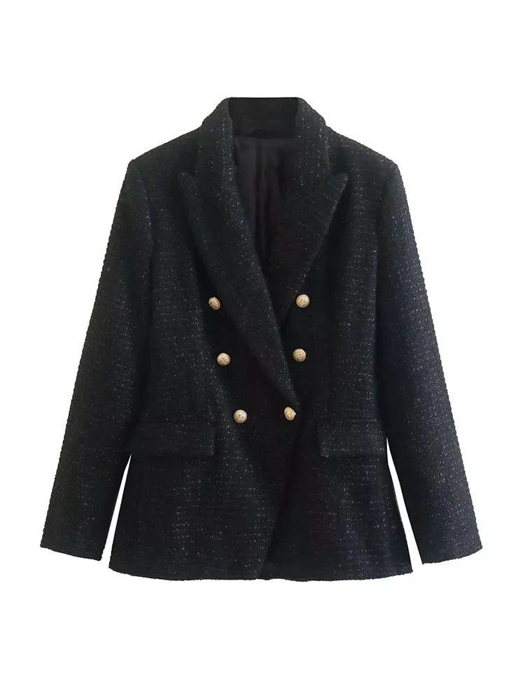 Classy Urban Women Textured Double Breasted Tweed Blazer - www.Shopthatapp.com