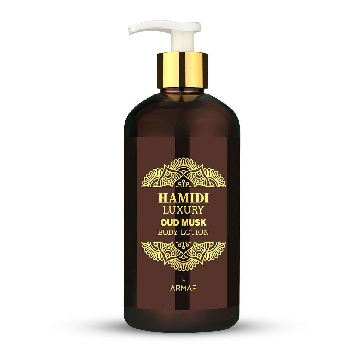 Hamidi luxury oud musk body lotion in elegant amber bottle with pump for a moisturizing experience
