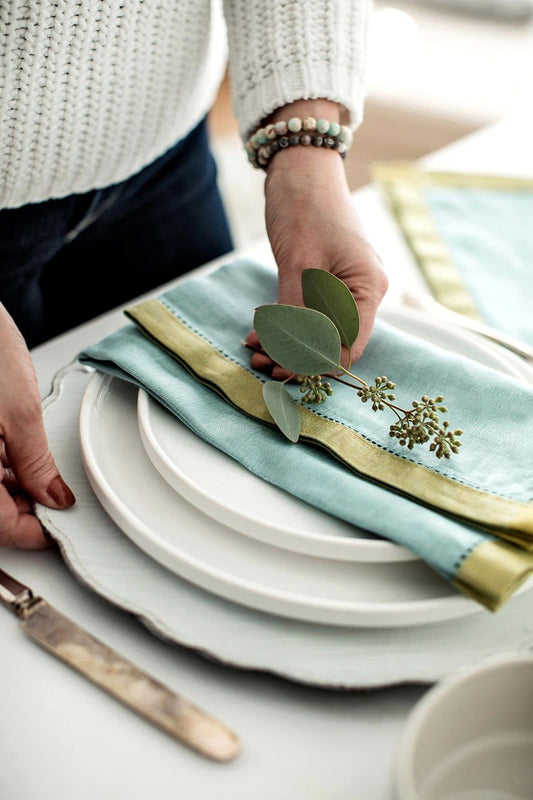 Azzura Linen Napkin in Azure & Olive - www.Shopthatapp.com