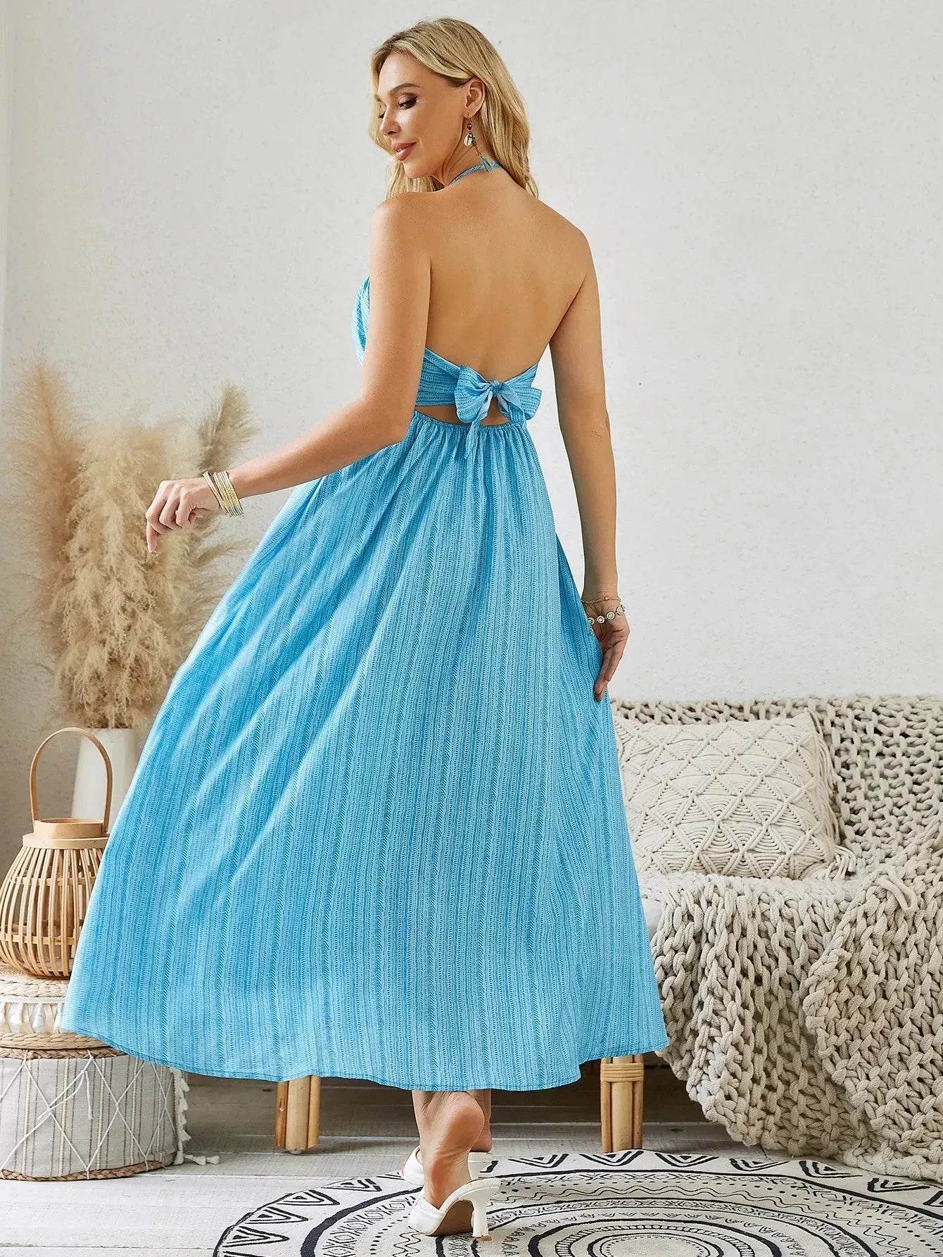 Bohemian Halter Maxi Dress - Women's Summer Sleeveless Flowy Beach Dress - www.Shopthatapp.com