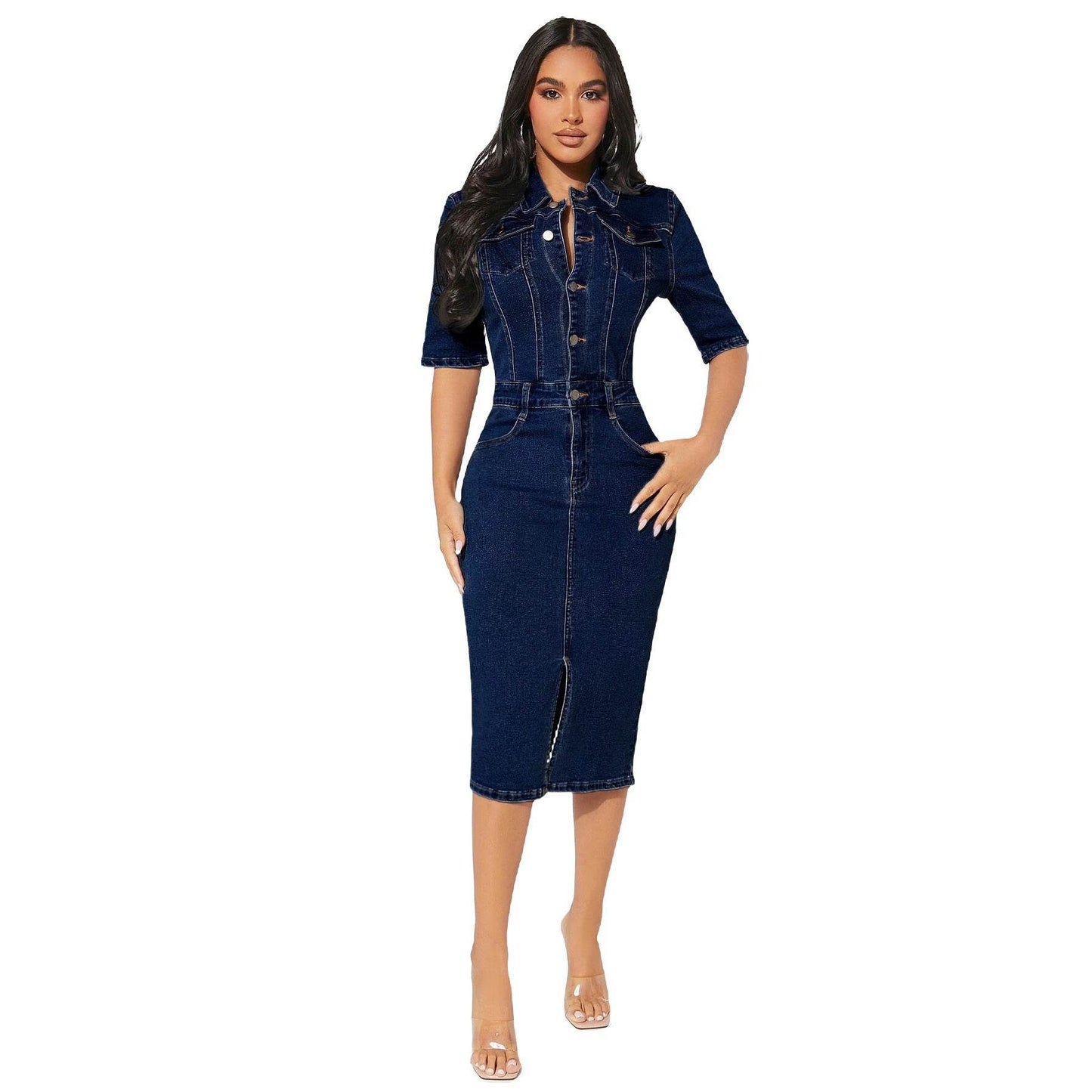Women's Fashion Personality fitted Denim Hip-wrapped Jeans Midi straight cut front split Dress - www.Shopthatapp.com
